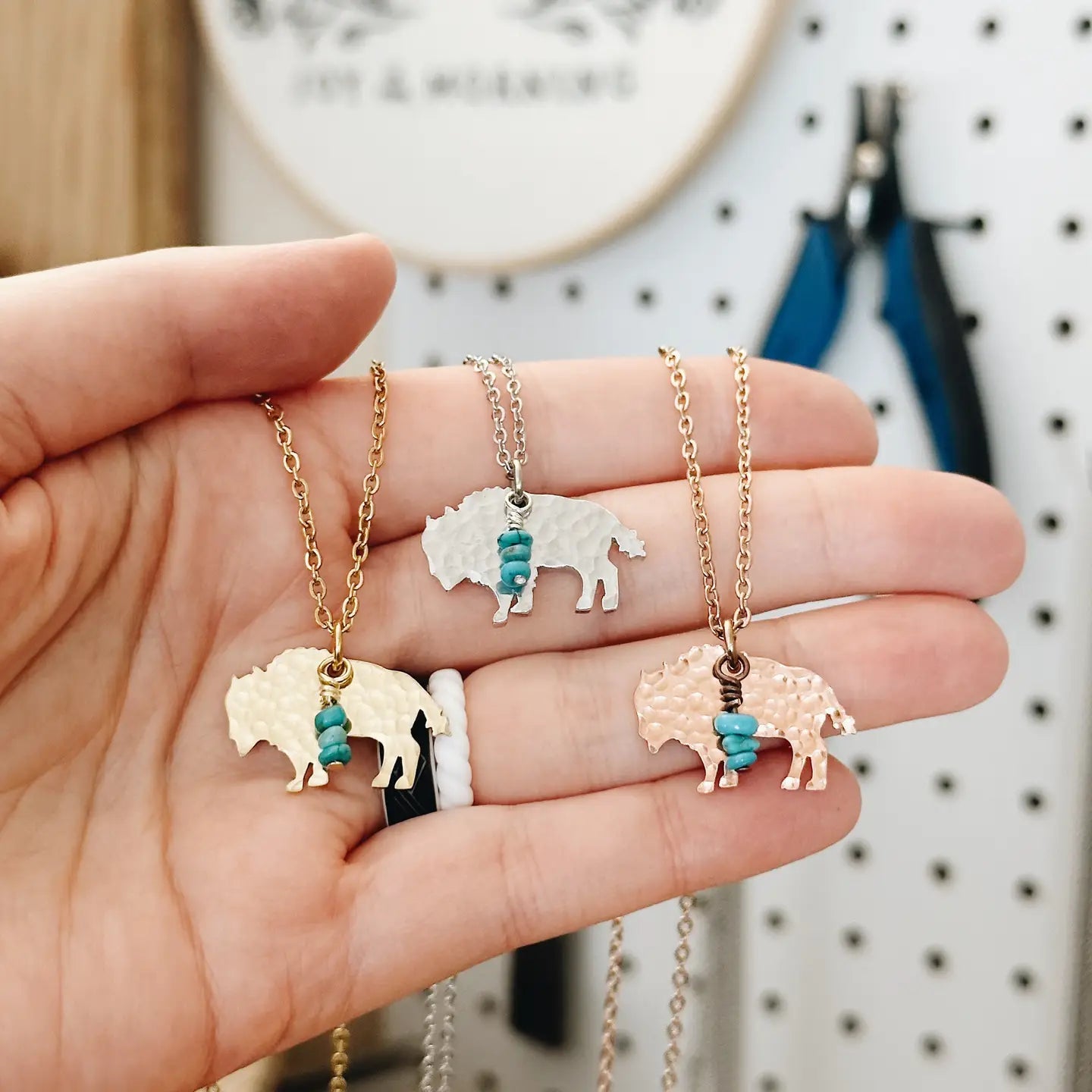 Mini Bison Necklace, Buffalo, Hand Stamped Necklace, Turquoise