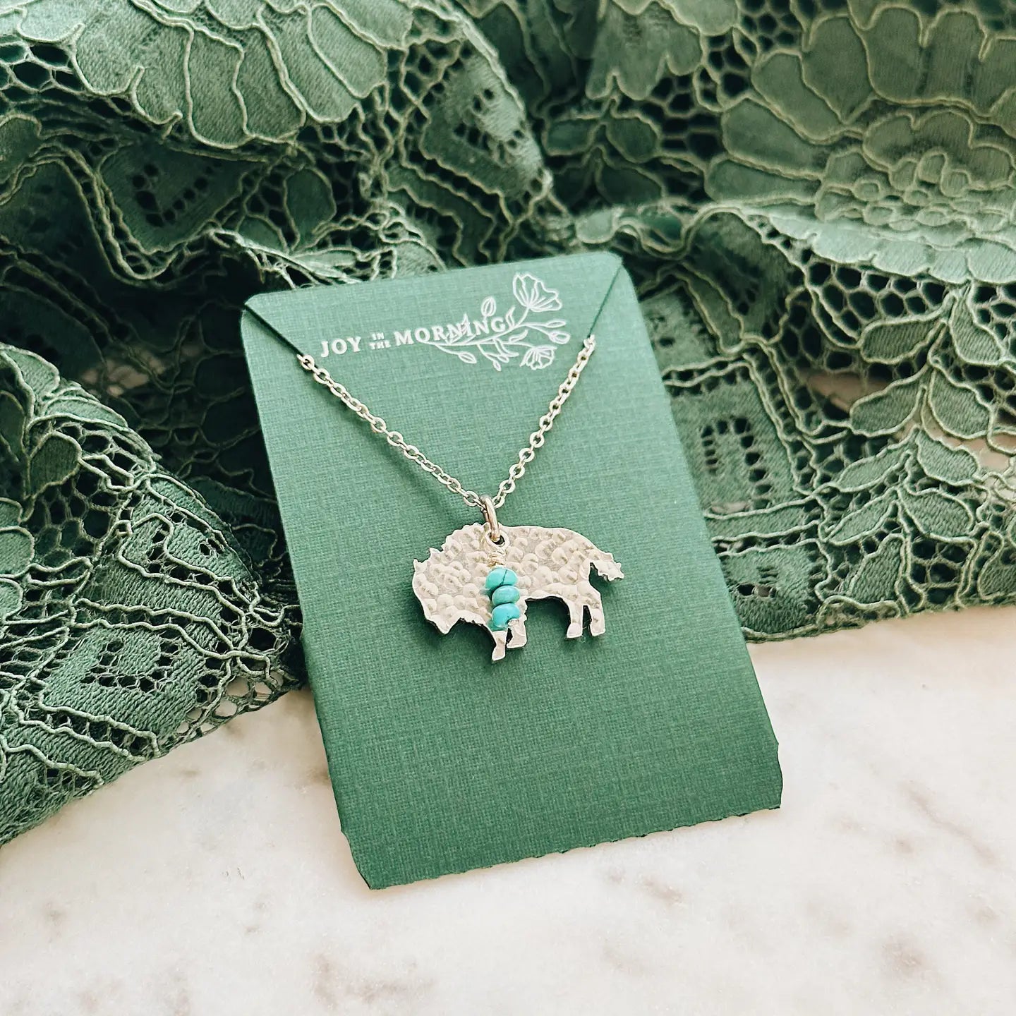 Mini Bison Necklace, Buffalo, Hand Stamped Necklace, Turquoise