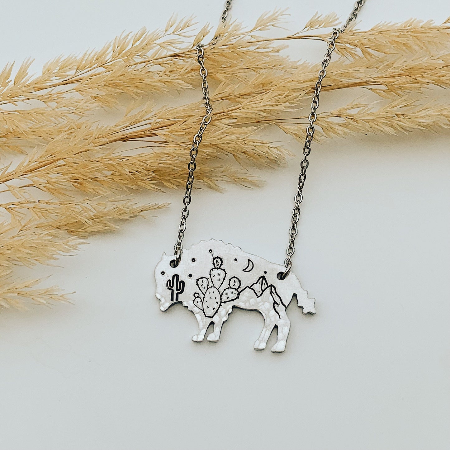 Western Legends Bison Necklace, Buffalo, Hand Stamped Necklace, Cactus