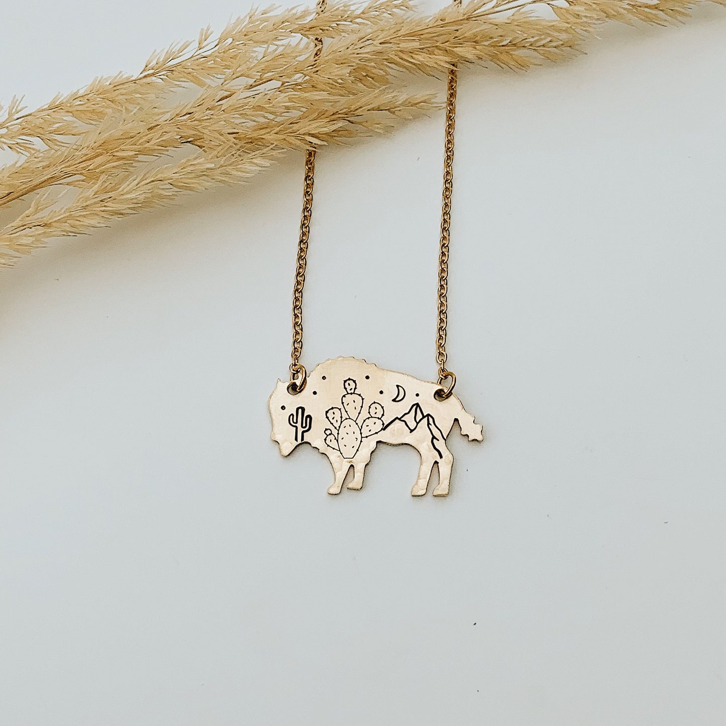 Western Legends Bison Necklace, Buffalo, Hand Stamped Necklace, Cactus