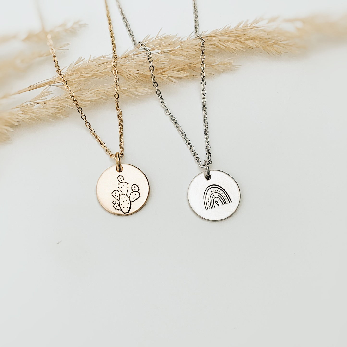 Boho Dreams Disk Necklace, Cactus, Rainbow, Hand Stamped Jewelry
