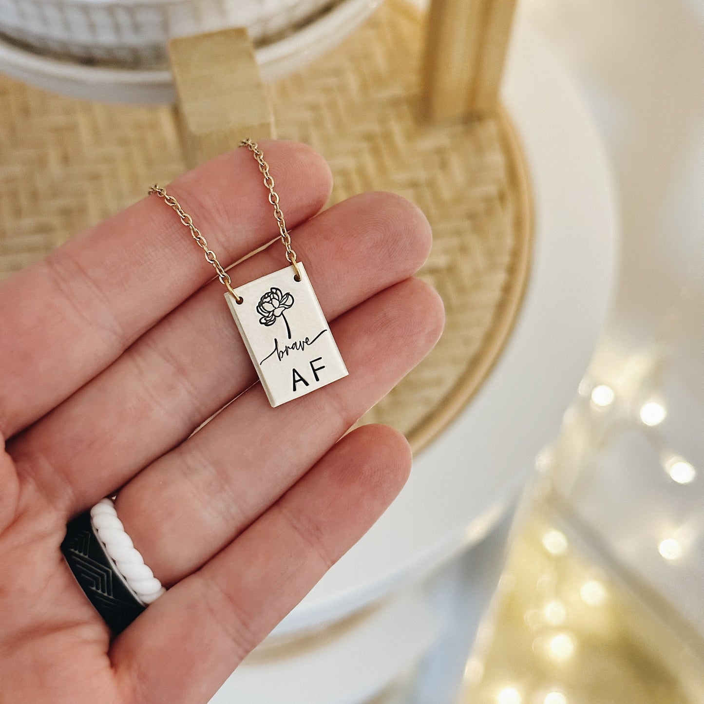 Brave AF Peony Necklace, Rectangle