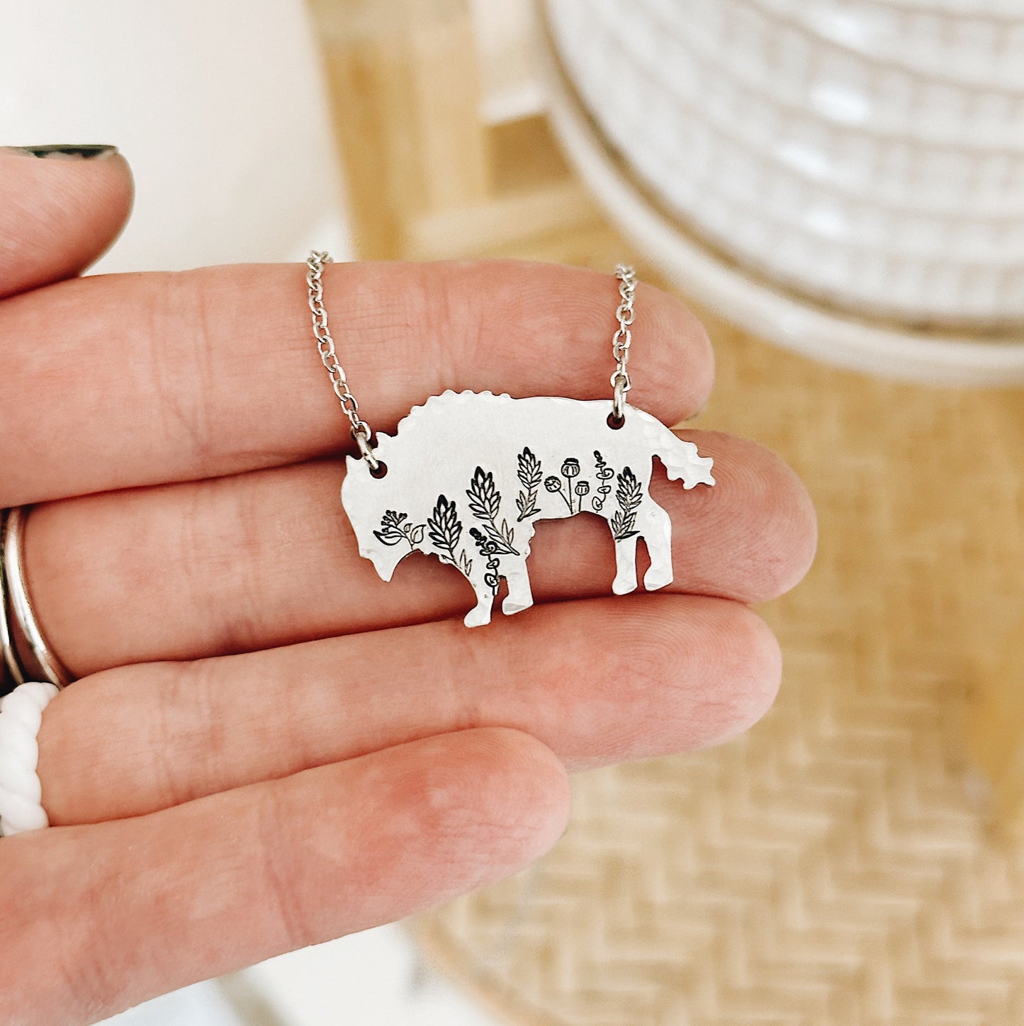 Botanical Bison Necklace, Buffalo, Hand Stamped Necklace