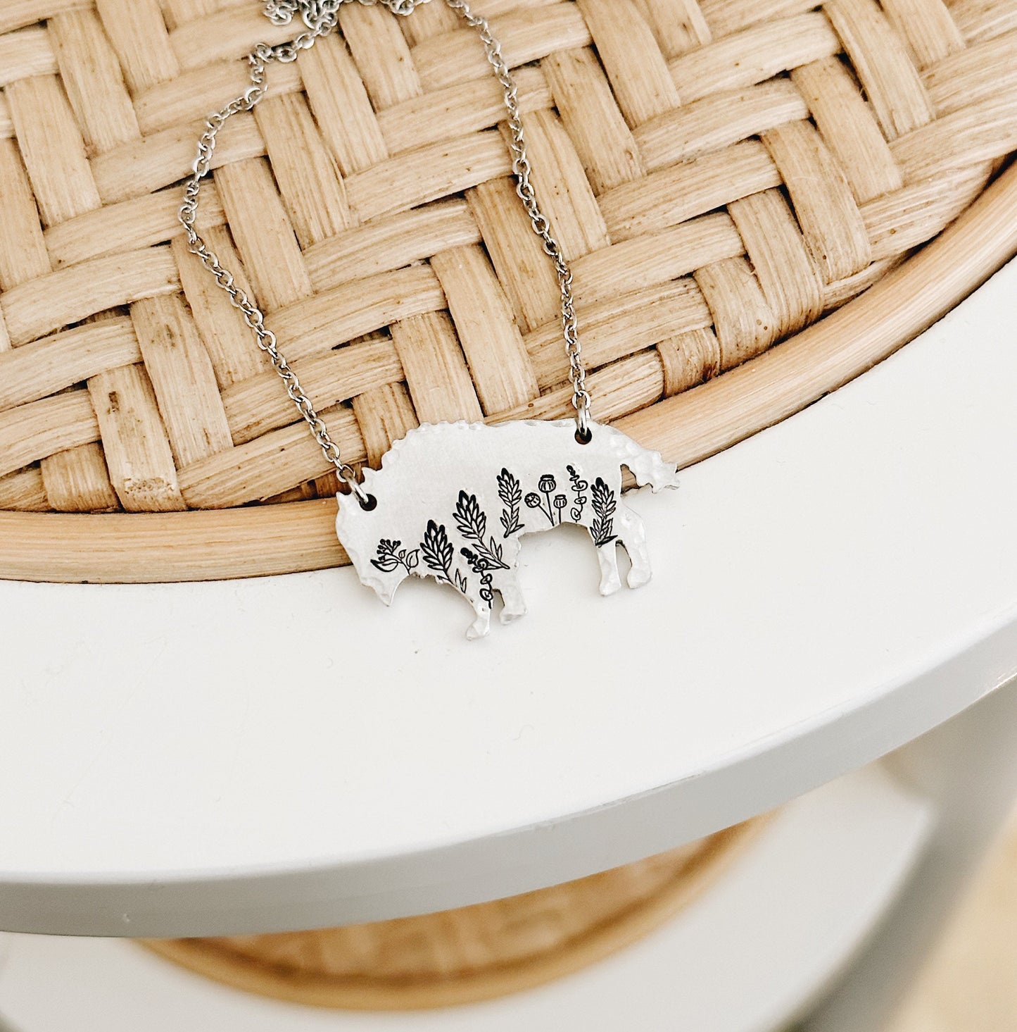 Botanical Bison Necklace, Buffalo, Hand Stamped Necklace