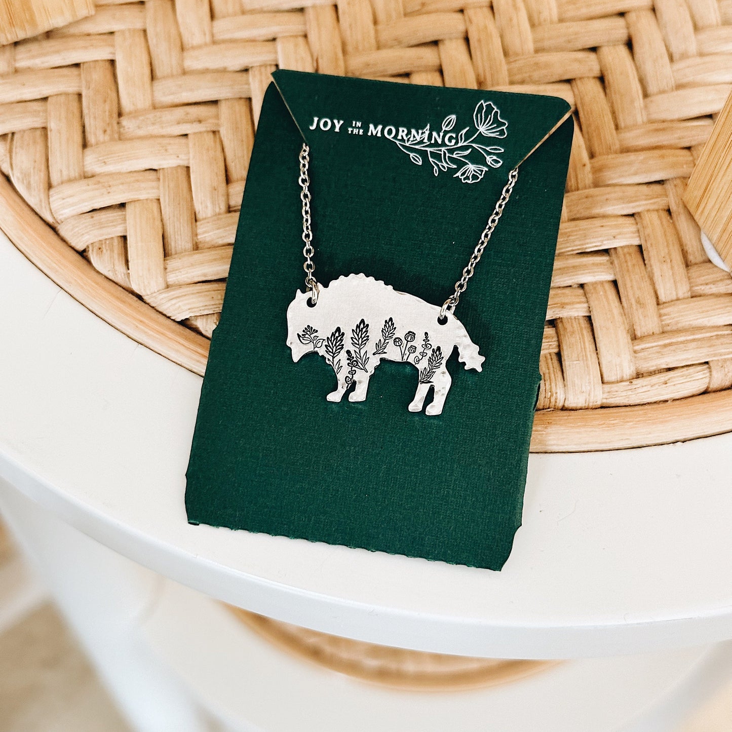 Botanical Bison Necklace, Buffalo, Hand Stamped Necklace