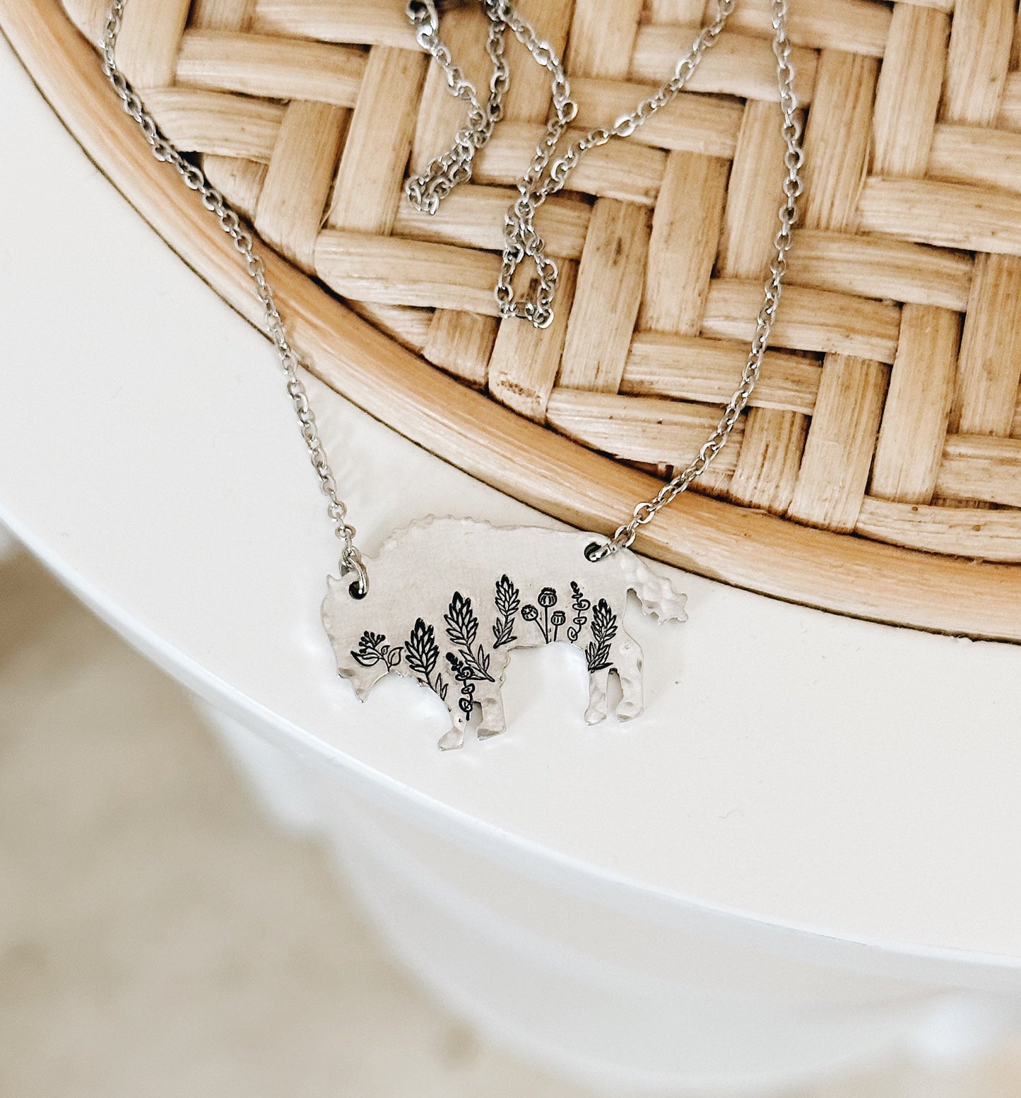 Botanical Bison Necklace, Buffalo, Hand Stamped Necklace
