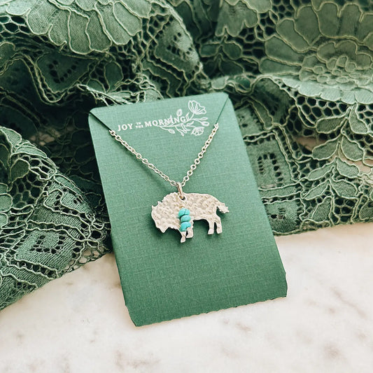 Mini Bison Necklace, Buffalo, Hand Stamped Necklace, Turquoise