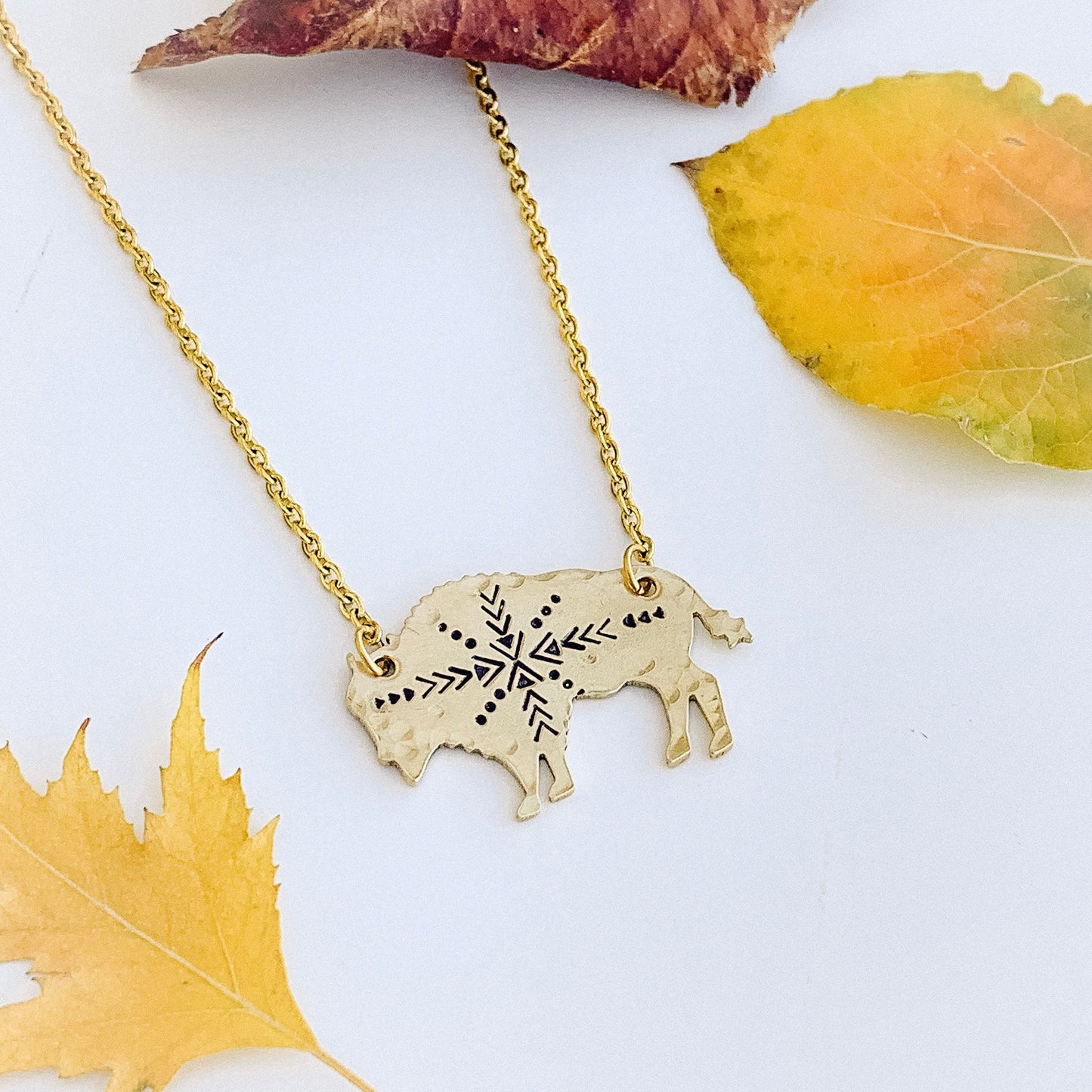 Aztec Bison Necklace, Buffalo, Hand Stamped Necklace