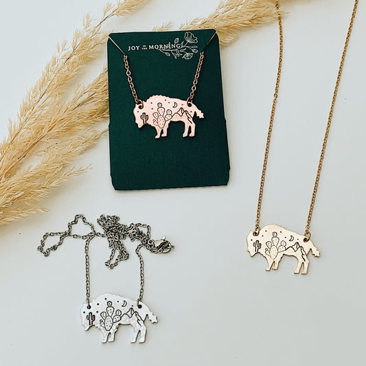 Western Legends Bison Necklace, Buffalo, Hand Stamped Necklace, Cactus